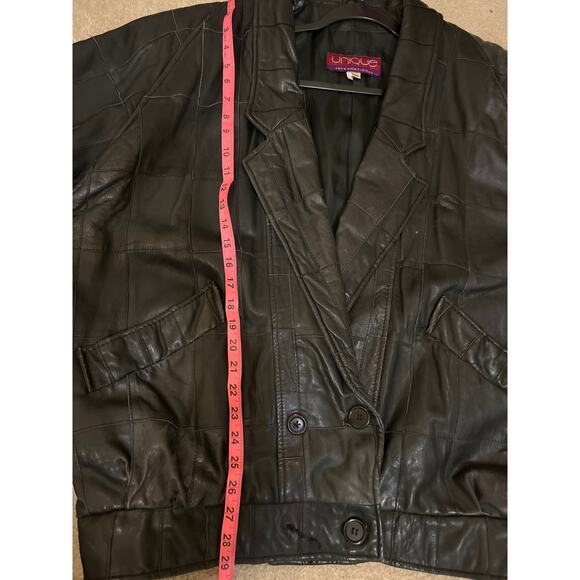 80s Vintage Black Patch Leather Coat Oversized Size Medium Y2K 90s Rare Find - Picture 9 of 11